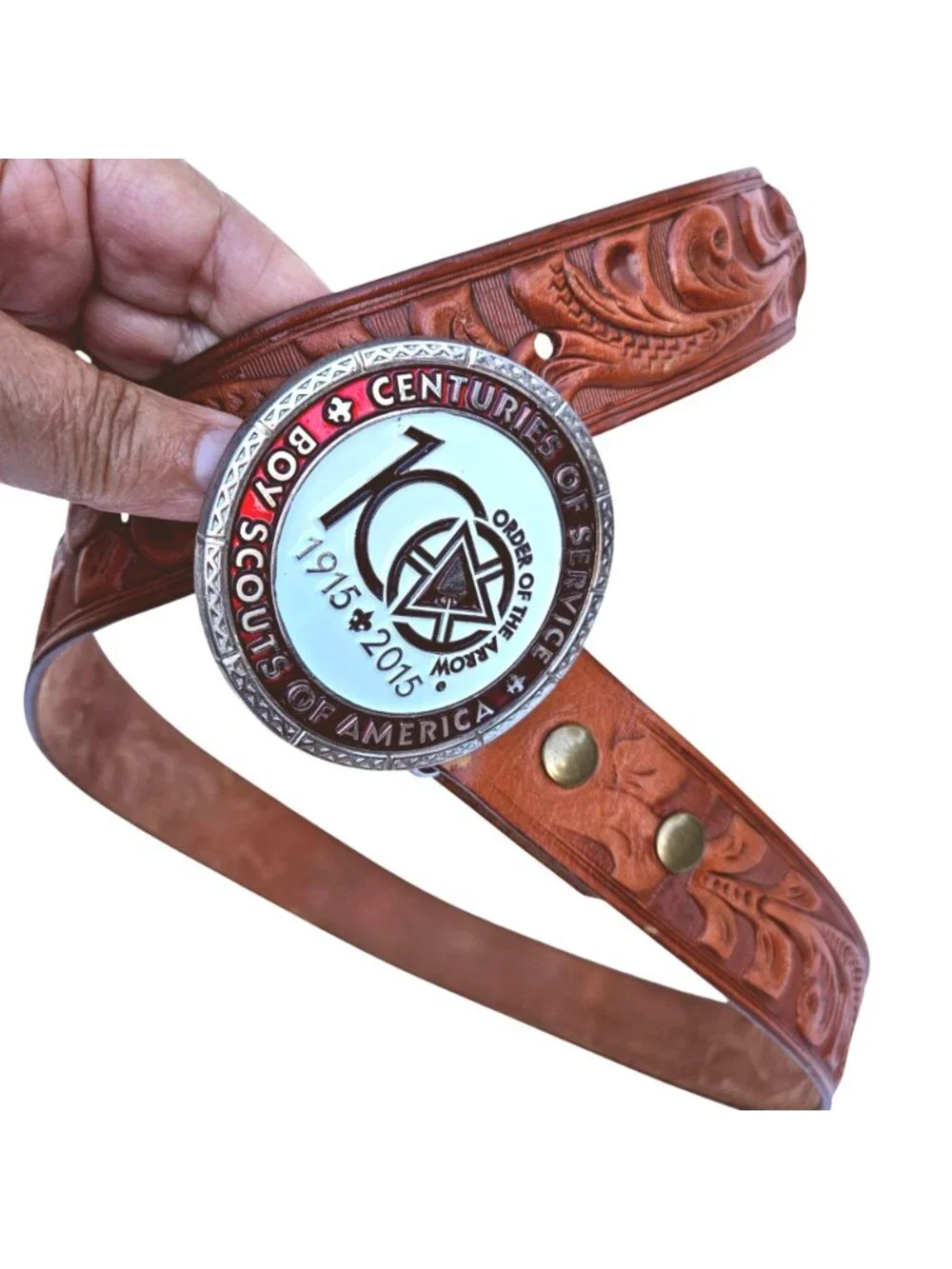 Boy Scouts Centennial Hand Tooled Leather Belt Bison Designs Symbol Buckle 2015